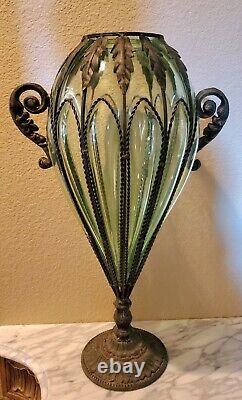 Antique Rare Large Murano Green Caged Blown Glass Urn Vase Centerpiece 1800's