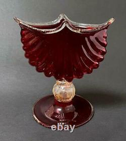 Antique Salviati Italian Murano Glass Ruby Red & Aventurine Scallop Shell Vase