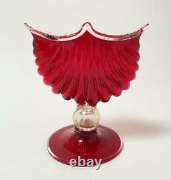 Antique Salviati Italian Murano Glass Ruby Red & Aventurine Scallop Shell Vase