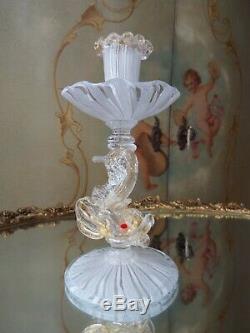 Antique Salviati Murano Art Glass Dolphin White Latticino Gold Flake Candlestick