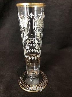 Antique Venetian Murano Glass Champagne Flutes Gold and White Enameled Set of 10