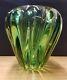 Archimede Seguso Mid Century Murano Glass Ribbed Wide Mouth Vase Green to Clear