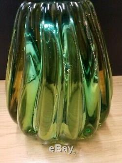 Archimede Seguso Mid Century Murano Glass Ribbed Wide Mouth Vase Green to Clear