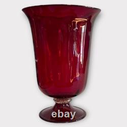 Art Glass Murano Hand Blown Ribbed Ruby Red Vase Infused Gold Band 8 NICE Cond