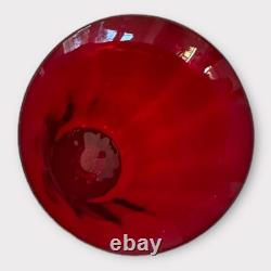 Art Glass Murano Hand Blown Ribbed Ruby Red Vase Infused Gold Band 8 NICE Cond