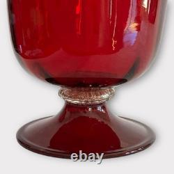 Art Glass Murano Hand Blown Ribbed Ruby Red Vase Infused Gold Band 8 NICE Cond