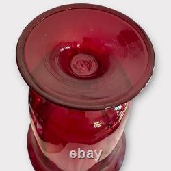 Art Glass Murano Hand Blown Ribbed Ruby Red Vase Infused Gold Band 8 NICE Cond