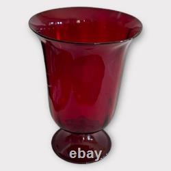 Art Glass Murano Hand Blown Ribbed Ruby Red Vase Infused Gold Band 8 NICE Cond