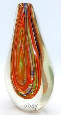 Art Glass Murano-Style, Hand-Blown, Orange, Blue, Sommerso Teardrop Vase 11 3/4