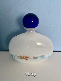 Art Milk Glass Hand Blown Large Decanter Bottle With Blue Stopper Italy Murano