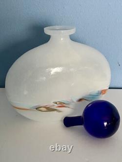 Art Milk Glass Hand Blown Large Decanter Bottle With Blue Stopper Italy Murano