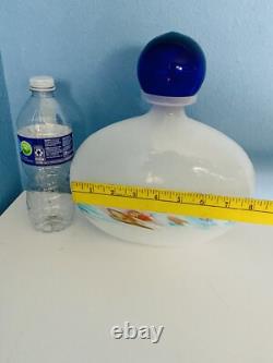 Art Milk Glass Hand Blown Large Decanter Bottle With Blue Stopper Italy Murano