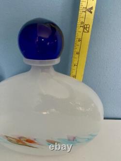 Art Milk Glass Hand Blown Large Decanter Bottle With Blue Stopper Italy Murano