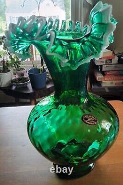 Arte Murano Kristal Mery Green Vase Ruffled Hand Blown Art Glass Made in Italy