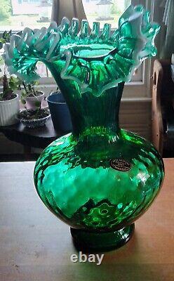 Arte Murano Kristal Mery Green Vase Ruffled Hand Blown Art Glass Made in Italy