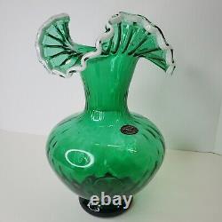 Arte Murano Kristal Mery Green Vase Ruffled Hand Blown Art Glass Made in Italy