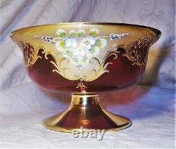 Atq. Murano Czech Moser floral enamel encrusted ruby red 24K gold gilt bowl mint