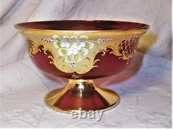 Atq. Murano Czech Moser floral enamel encrusted ruby red 24K gold gilt bowl mint