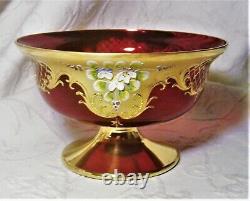 Atq. Murano Czech Moser floral enamel encrusted ruby red 24K gold gilt bowl mint