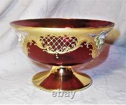 Atq. Murano Czech Moser floral enamel encrusted ruby red 24K gold gilt bowl mint