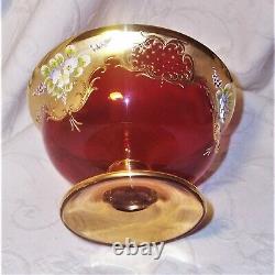 Atq. Murano Czech Moser floral enamel encrusted ruby red 24K gold gilt bowl mint