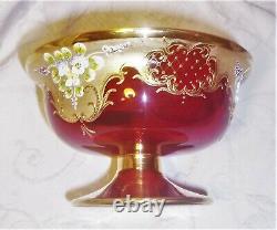 Atq. Murano Czech Moser floral enamel encrusted ruby red 24K gold gilt bowl mint