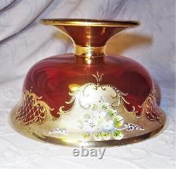 Atq. Murano Czech Moser floral enamel encrusted ruby red 24K gold gilt bowl mint