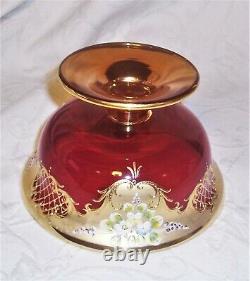 Atq. Murano Czech Moser floral enamel encrusted ruby red 24K gold gilt bowl mint