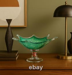 Authentic Murano Art Glass Bowl Starburst Rim Green Swirl Hand-Blown Italy