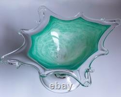 Authentic Murano Art Glass Bowl Starburst Rim Green Swirl Hand-Blown Italy