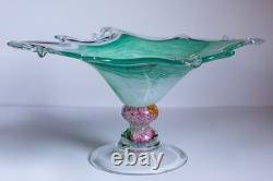 Authentic Murano Art Glass Bowl Starburst Rim Green Swirl Hand-Blown Italy