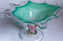 Authentic Murano Art Glass Bowl Starburst Rim Green Swirl Hand-Blown Italy