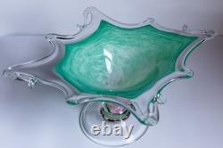 Authentic Murano Art Glass Bowl Starburst Rim Green Swirl Hand-Blown Italy
