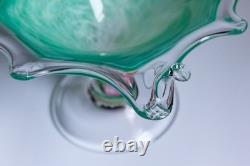 Authentic Murano Art Glass Bowl Starburst Rim Green Swirl Hand-Blown Italy