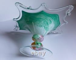 Authentic Murano Art Glass Bowl Starburst Rim Green Swirl Hand-Blown Italy