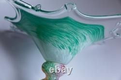 Authentic Murano Art Glass Bowl Starburst Rim Green Swirl Hand-Blown Italy