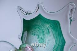 Authentic Murano Art Glass Bowl Starburst Rim Green Swirl Hand-Blown Italy