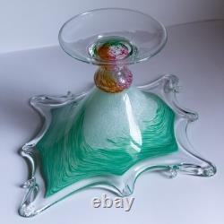 Authentic Murano Art Glass Bowl Starburst Rim Green Swirl Hand-Blown Italy