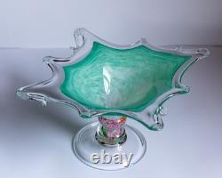 Authentic Murano Art Glass Bowl Starburst Rim Green Swirl Hand-Blown Italy