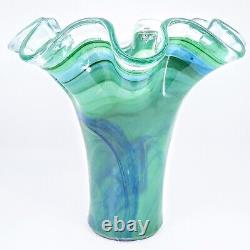 Authentic Murano Italy Hand Blown Ruffled Swirl Sommerso Art Glass Vase Marked