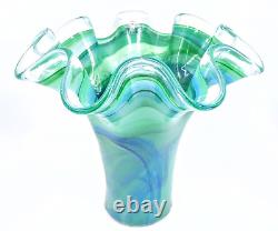 Authentic Murano Italy Hand Blown Ruffled Swirl Sommerso Art Glass Vase Marked