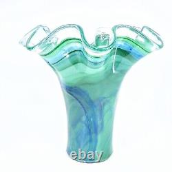 Authentic Murano Italy Hand Blown Ruffled Swirl Sommerso Art Glass Vase Marked