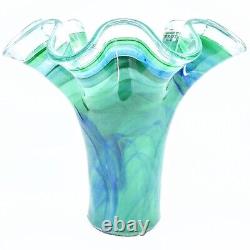 Authentic Murano Italy Hand Blown Ruffled Swirl Sommerso Art Glass Vase Marked