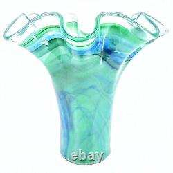 Authentic Murano Italy Hand Blown Ruffled Swirl Sommerso Art Glass Vase Marked