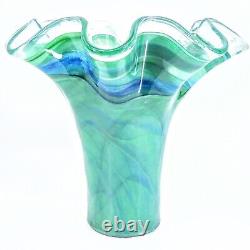 Authentic Murano Italy Hand Blown Ruffled Swirl Sommerso Art Glass Vase Marked