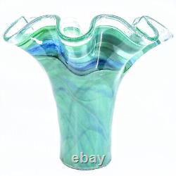 Authentic Murano Italy Hand Blown Ruffled Swirl Sommerso Art Glass Vase Marked