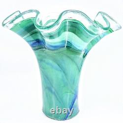 Authentic Murano Italy Hand Blown Ruffled Swirl Sommerso Art Glass Vase Marked