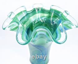 Authentic Murano Italy Hand Blown Ruffled Swirl Sommerso Art Glass Vase Marked