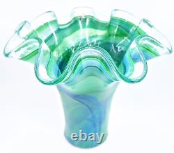 Authentic Murano Italy Hand Blown Ruffled Swirl Sommerso Art Glass Vase Marked