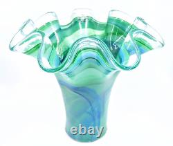 Authentic Murano Italy Hand Blown Ruffled Swirl Sommerso Art Glass Vase Marked